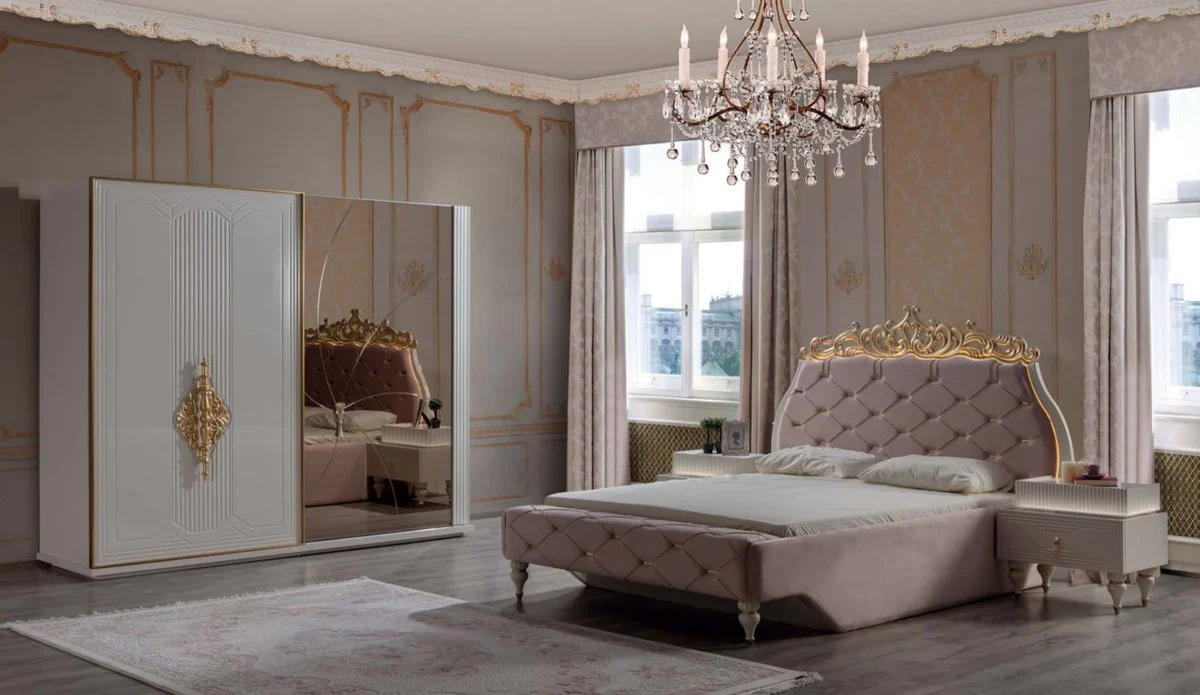 Luxury baroque double bed pink / cream / gold 204 x 233 x H. 149 cm - Elegant solid wood bed with headboard - Magnificent bedroom furniture in the baroque style