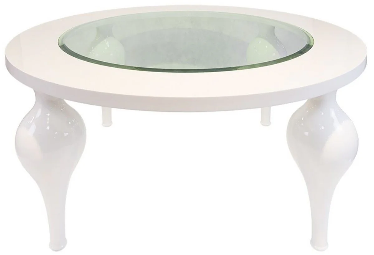 Neoclassical coffee table high gloss white Ø 110 x H. 40 cm - solid wood kitchen table with glass top - living room furniture in neoclassical style