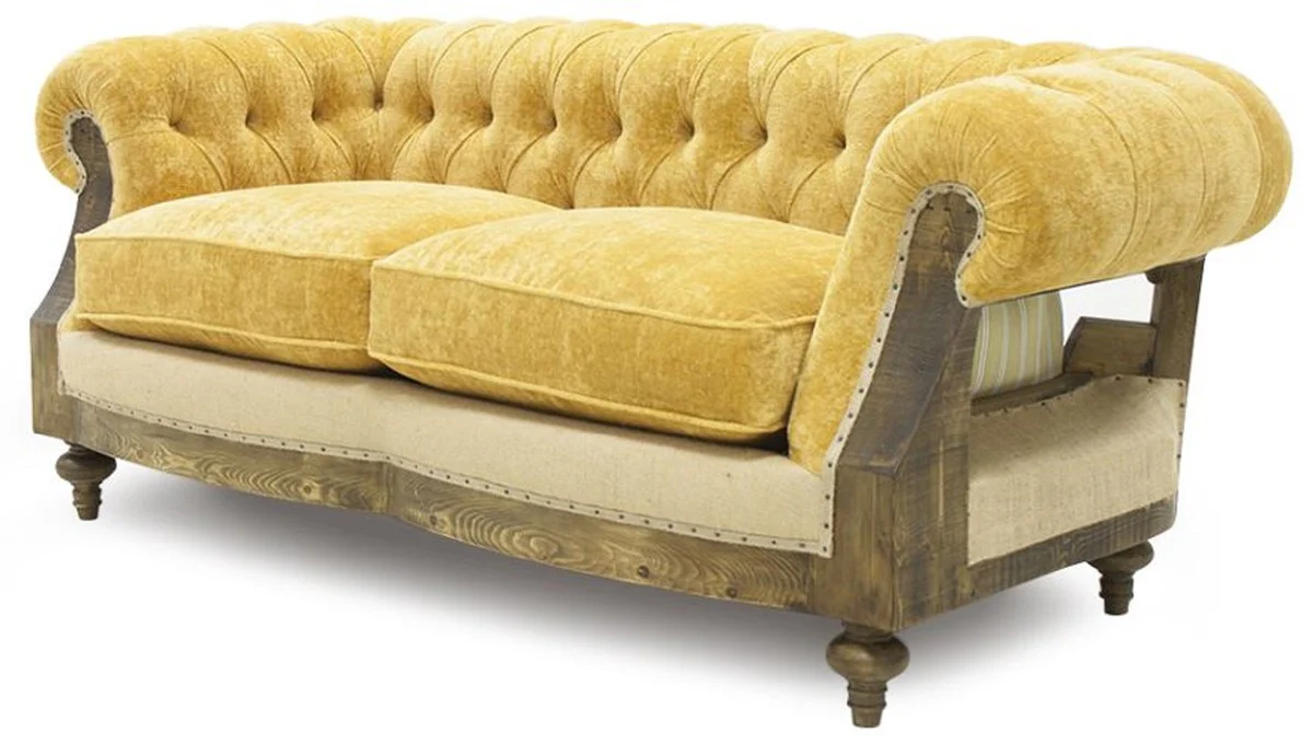 Luxury Chesterfield sofa yellow / beige / brown 215 x 100 x H. 72 cm - living room sofa - hotel sofa - living room furniture - Chesterfield furniture - luxury furniture - luxury furnishings