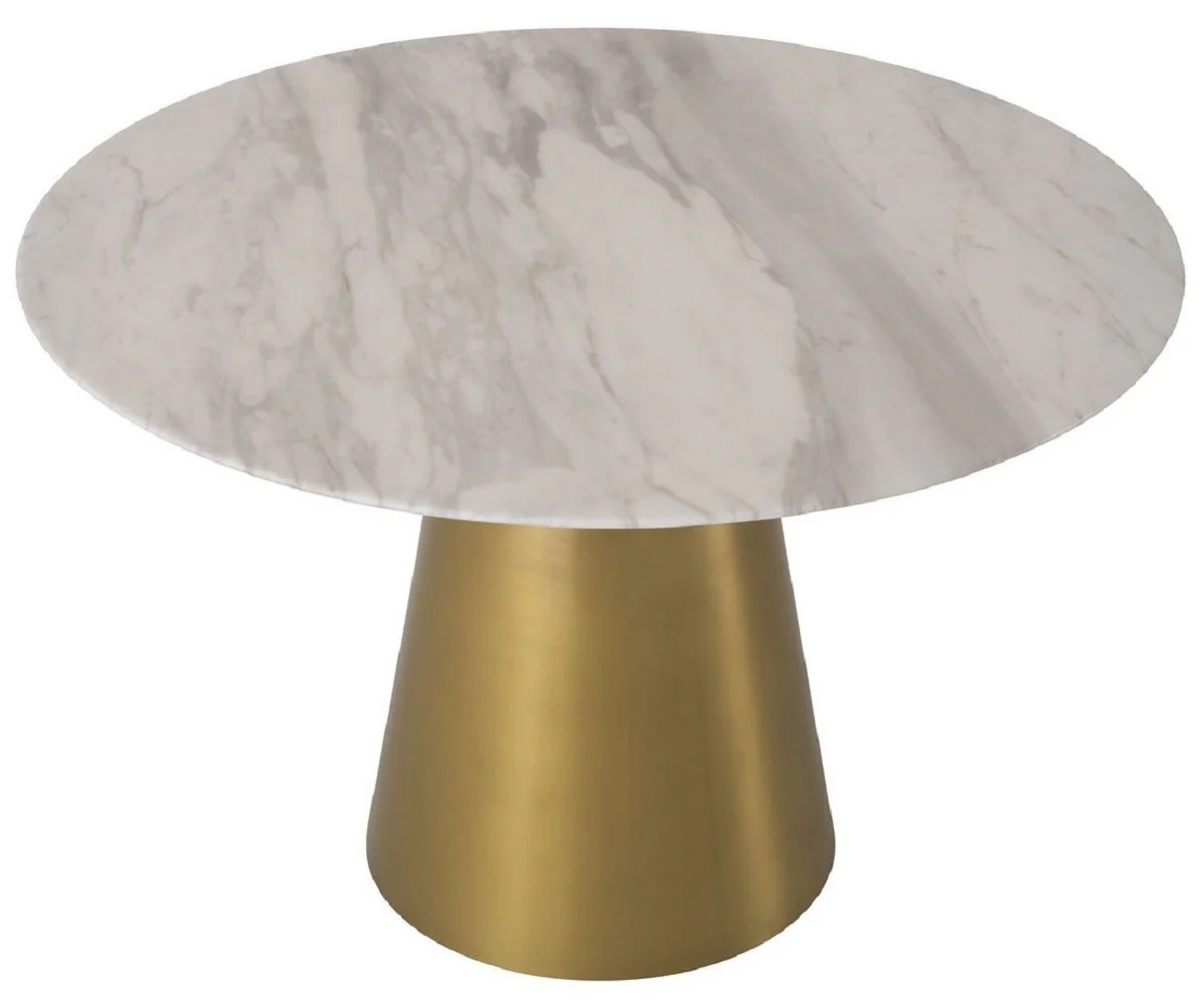 Luxury dining table white / brass Ø 120 x H. 77 cm - Round dining room table with marble top - Dining room furniture - Luxury quality