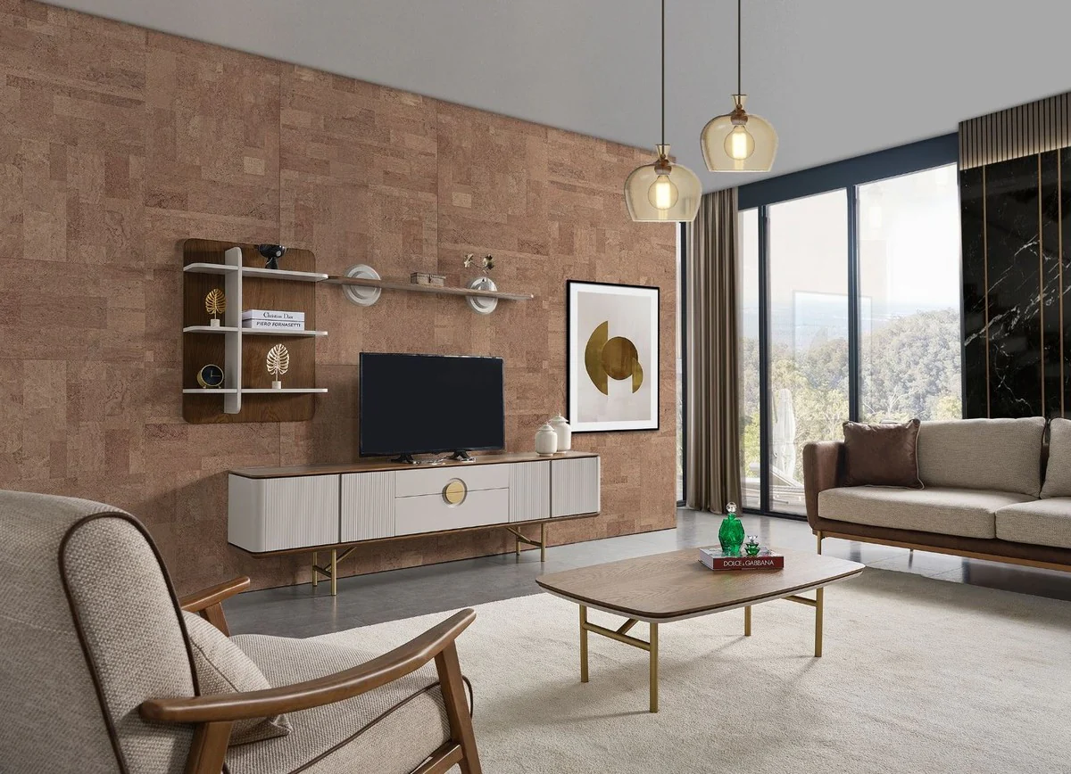 Luxury coffee table brown / light gray / brass 120 x 68 x H. 35 cm - Rectangular solid wood living room table - Living room furniture - Luxury furniture - Luxury furnishings