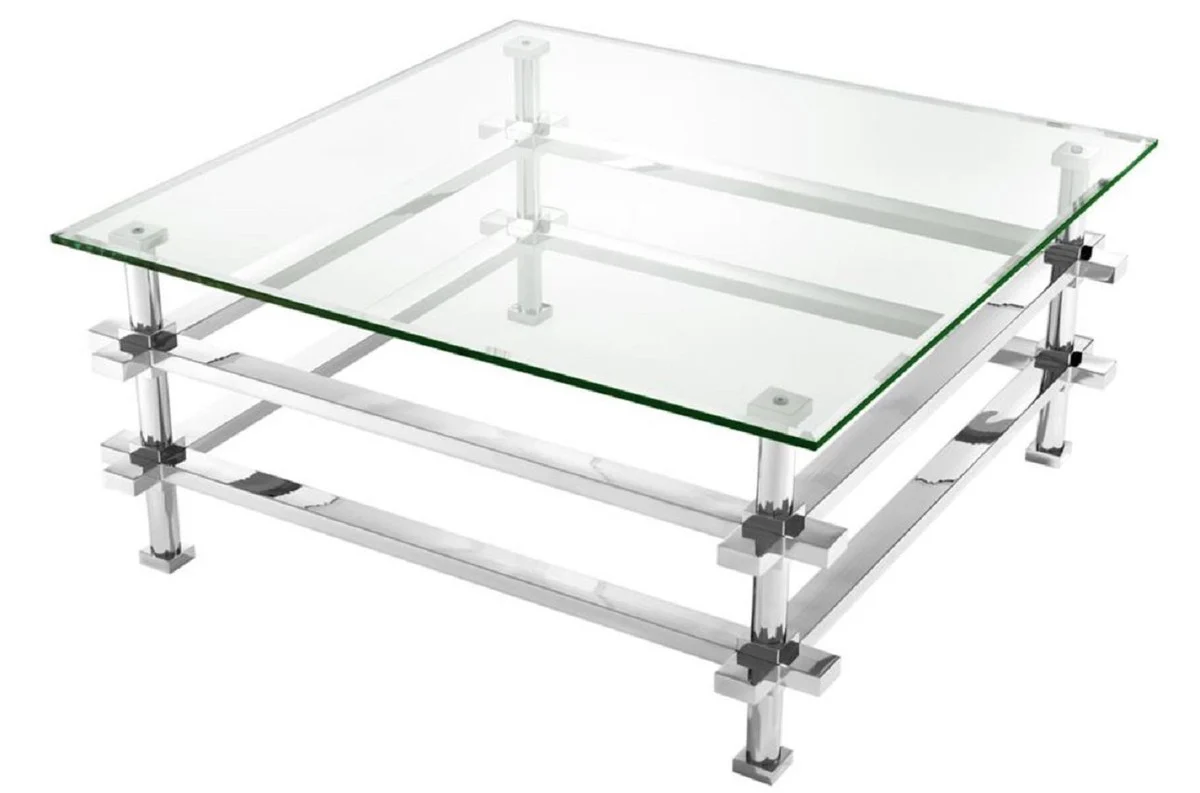 Luxury coffee table silver 100 x 100 x H. 45.5 cm - stainless steel living room table with glass top