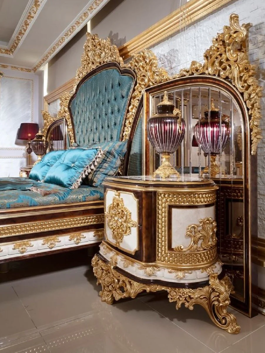 Luxury baroque bedroom set blue / white / brown / gold - 1 double bed with headboard & 2 bedside chests - bedroom furniture in baroque style - noble and magnificent
