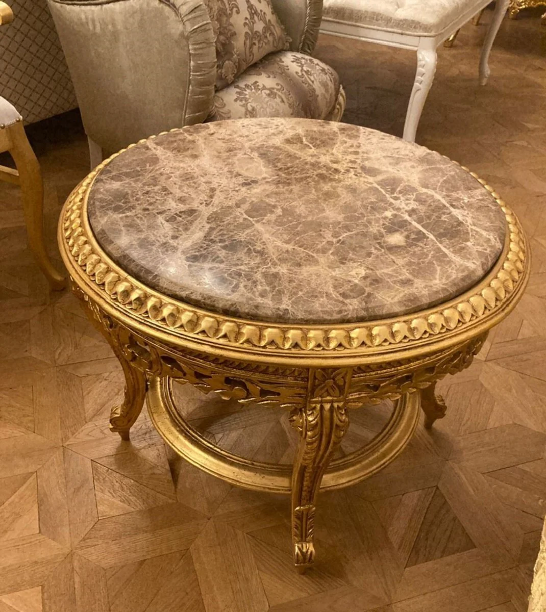 Baroque coffee table with marble top gold / gray - Round solid wood living room table in baroque style - Baroque style living room furniture - Baroque furniture - Antique style living room furniture
