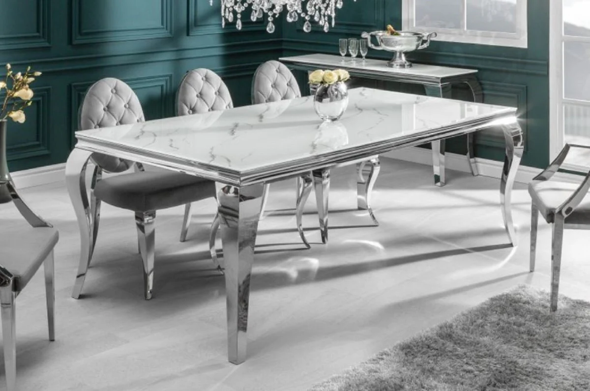 Designer dining table white / gray / silver 180 x 95 x H. 75 cm - Rectangular stainless steel kitchen table with digitally printed safety glass in a marble look - Modern baroque furniture
