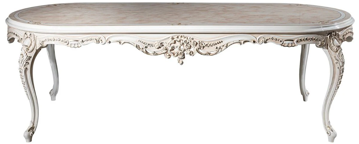 Luxury baroque dining table beige / white / gold 247 x 110 x H. 80 cm - Oval solid wood dining room table - Baroque dining room furniture - Noble & magnificent